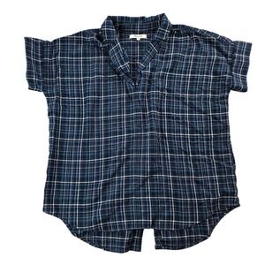 Madewell Swenson Plaid‎ Top Short Sleeve Blue Green Cotton Blend Relaxed sz XS